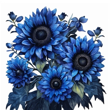 Behold a magnificent bouquet of blue sunflowers, their majestic petals dancing gracefully with hints of cerulean and azure hues. The contrast of their vibrant blue against the inky black centers captivates the eye and evokes a sense of wonder. With a whiteground in clipart
