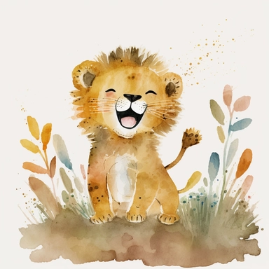 White background The watercolor clipart illustration shows a baby lion playing in a natural setting. The background is a white space to keep the focus on the cute baby lion. The colors are warm and inviting, with shades of yellow, brown, and white. The baby lion is depicted in a playful and happy way, with its mouth open in a smile and its paws stretched out. This would be a perfect watercolor clipart for kids to enjoy and learn about lions.