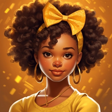 illustration concept of cartoon african girl with a bow clip art, in the style of lilia alvarado, yellow and gold, poodlepunk, walt disney, realistic portrait drawings, charming anime characters, 32k uhd
