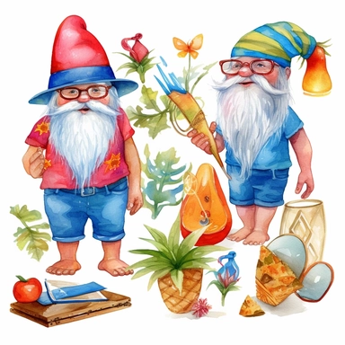 Watercolor painting clipart of gnomes ready for the beach, with flip flops, beach balls, margaritas, sunshine, towels, sunglasses, strong colors