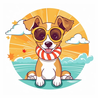 Design a fun and cool clipart featuring a dog enjoying the summer season. Create a playful character that embodies the carefree spirit of summer. Use vibrant colors and incorporate summer elements like sunglasses or a beach ball. With a white background, the clipart will easily integrate into various designs and projects. Perfect for digital designs, merchandise, and print materials, this clipart captures the joyful essence of summertime.