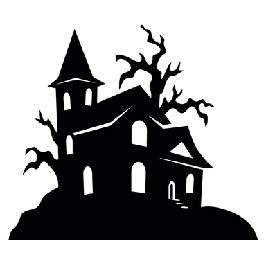 black and white silhouette of a haunted house icon, clipart style, white background, thick lines, vector, simple design, flat colour, solid colour, halloweencore, from a distant perspective