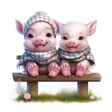 2 cute and fluffy baby pigs sitting on a bench, disney style, clipart on white background, no shading