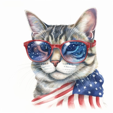 Cat in stars and stripes sunglasses , beautiful, realistic, colored pencil and watercolor, white background, clipart, illustration, comic, magic