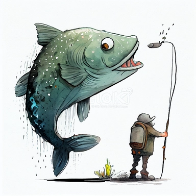 funny big sish going to fishing big fish, CLIPART, watercolor, ink, ultra-detailed, cartoon style, white background, black outside lines –testp,