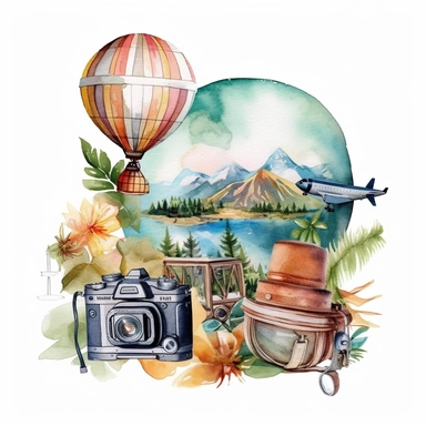 Watercolor fantasy Travel clipart Summer Holiday Vacation clipart Tourism clipart Planner Adventure Clipart PNG Airplane Camera Globe Commercial Use