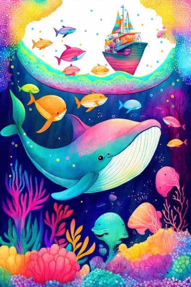 Happy whimsical watercolour ocean floor with colourful happy whale and dolphin, big swirling fish school, neon jellyfish, a woonden boat and 3 divers, cosmic bright colours, dreamy tones, Clipart style, svg style, white background