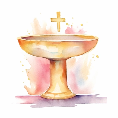 Graceful Baptism Watercolor Clipart - Baptismal Font: This artwork features a baptismal font depicted in pastel beige, symbolizing the water used during the baptism ceremony and the renewal it brings.