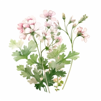 An image featuring a flowering coriander plant, with its delicate pink and white flowers clipart, white background, watercolor sophisticated drawing