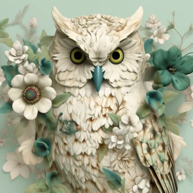 owl, Cream Ivory and jade flowers, Leaves, vintage Pastel Cream Background, Smoke Petals, Maximalist, Hyper Detailed, 3D rendered, 8k polished, Hyper Realistic Intricate details, hyper realistic, intricate detail, painting, shabby chic, clipart