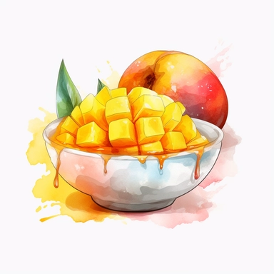 png clipart on a white background of a mesmerizing watercolor clear-lined illustration. The composition is central with a clear outline using bold and saturated complementary colors in the style of 2d anime, the illustration is realistic and detailed depicting a bowl of mango ice cream--s 1000