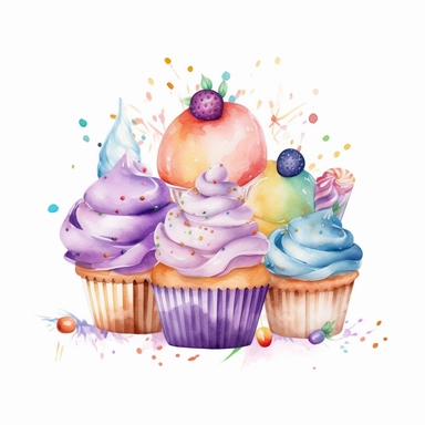 whimsical watercolour cute clip art party food on white background, gradient illustration style, pastels, clipart, beautiful, colourfull, png transparent white background, high resolution, no caption q4 s2
