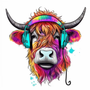 Cute Beautiful Retro 90s Color Cow Long Hair wearing headphones Sublimation Clipart,Cartoon, hyper realistic, intricate detail, illustration style,high solution,on the white background