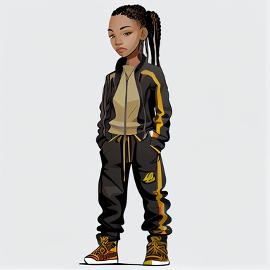 in clipart style Full face portrait centered, full body portrait, with a plain white background of 8k polished award wining photography of neon future branded high fashion and accessories of a stunning black african american little 16 year old kid, wearing a r&b Hip hop sweat suit, with long beautiful braids up in a ponytail with smooth brown skin no blemishes, with beautiful long eyelashes and award winning beautiful hazel colored eyes, wearing gold hoop earings in her ears and a matching gold 