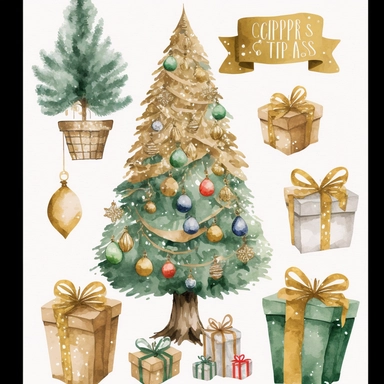 christmas tree with presents clipart, decorated pine tree with christmas golden presents, golden christmas decoration, christmas decor, simple shapes, no lines, no outlines, clipart, featured on dribble, cartoon tree clipart, minimalist, computer vector graphic design clip art, watercolor illustration clipart, watercolour clipart, watercolor illlustration for kids and children, book illustration, print on demand image, PNG tranparent background