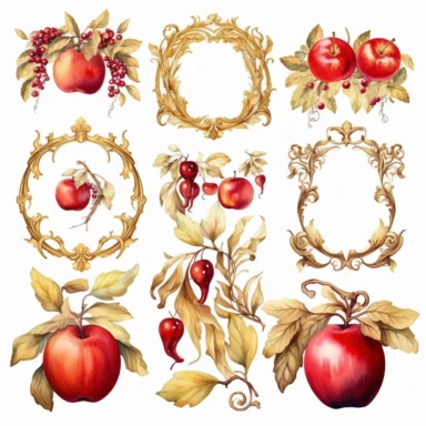 gold leaf and red apple frames, rococo, icicles, watercolor clipart