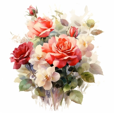 watercolor by Anders Zorn of pink and red flower roses and leaves bouquet with floral detail, clipart, red and beige, booru, uhd image, pastoral charm, free brushwork