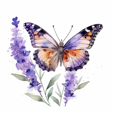 alcohol ink painting, a butterfly around lavender flowers, iconic, mystic symbolism, in the style of watercolor clipart, exceptionally detailed insect illustrations, animated gifs, animal motifs, organic material, clipart