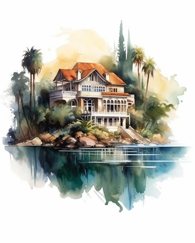detailed watercolor villa beside a huge flowing river, aeriel shot, wide screen, realistic, isolated on white background, clipart