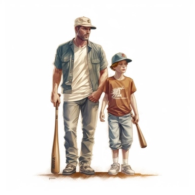 baseball dad and son with baseball bats and caps, full body, hand draw Illustration clipart, 4K, extremely detailed