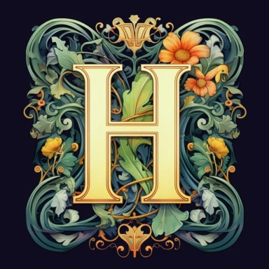 You are creating letter H in Art Nouveau illuminated initial style with clean lines and without shadows to be used as a clipart in white background