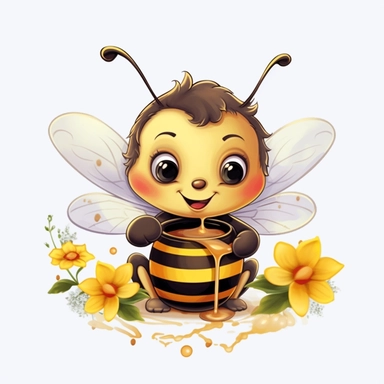 cute bee with honey pot eating honey and flowers realistic white background cartoon style Sublimation Clipart Graphic
