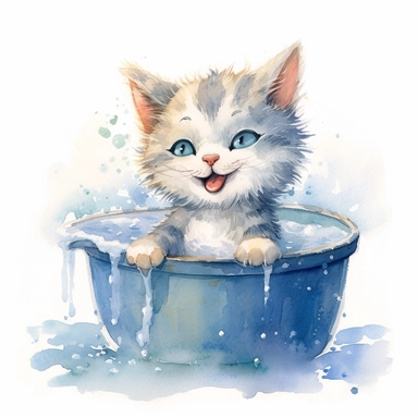 watercolor illustration, smiling with an open mouth kitten with a towel over the kitten's head and enjoying a hot spring, surrounded by gentle steam rising from the onsen water, feeling the pleasant sensation. Small bubbles dance through its fur, creating a mysterious yet beautiful sight. The cat stretches out, gradually unwinding, as the warmth of the onsen melts away the tension in its muscles. It gracefully savors the serene atmosphere and the gentle touch of nature, embracing the tranquility