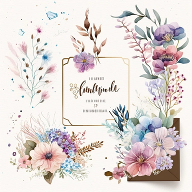 Wildflower Clipart Watercolor Floral Wedding Spring Flowers Premade Corner Arrangement. Bachelorette party, pink, blue, purple and brown pastel colors on white background FOR GIFT CARD, WEDDING INVITATIONS