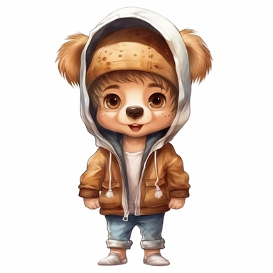 cute kid wearing Dog costumes and with happy face,front facing on isolated background,with happy face and expression,Animal Sublimation Clipart,no splash watercolor,white background, ultra detailed clipart, cut out image, colorful watercolor realistic, cartoon style, ultra HD, sharp and clean art