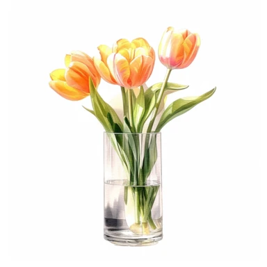 One Orange Tulip in Glass Vase Clipart on a white background, in the style of hyperrealistic illustrations, white and pink, realistic watercolor paintings, holotone printing, precise perspective, high resolution, les nabis, no watermark, text, words, paintbrush, typography , the images don't stick together, no words in the vase