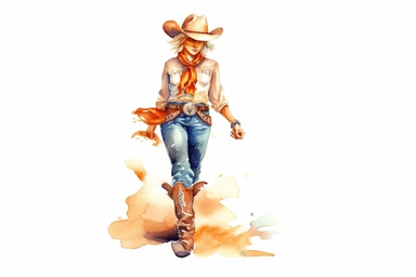 Watercolor, Craft a cartoon person with a cowboy hat, boots, and a lasso, representing a female cowgirl clipart, hd, on a white background, spaced out