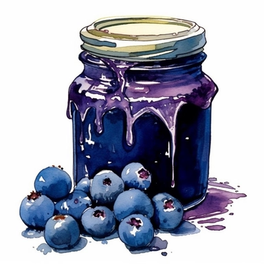 Create an image of glass jar with blueberry preserves, dripping . The style should be cute and playful, reminiscent of a clipart or sticker design. Use watercolors and ink to emulate the style of Thomas Girtin, but with a touch of Thomas W Schaller's influence. The background should be a clean, crisp white to contrast with the vibrant colors of the preserve The image should be photorealistic, highly detailed, and in high-resolution 16k. The composition should be balanced, with the jar taking cen