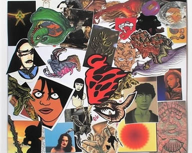 collage, graphics, magazine cutouts, comic book covers gallery, interesting artifacts, jewelry, ephemera, black liquid ooze, chrome metal frame, assorted photos, scrap book, photo album, evil comic, car stunt gone wrong, broken glass, shattered glass, newspaper clipping, trading card, knife, skyline on fire, scanned paper, scorpion, charcoal sketch of a scorpion, burglar, housefire, cosmic radiation, assorted varitey, mugshot, action figure, pin button, embroidered patch, artifacts