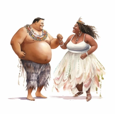 Overweight Indigenous bride and skinny African groom, sharing a heartfelt dance, emotional and sincere, watercolor, Pixar style, Clipart on a white background.