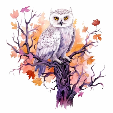 hand drawn spooky branch with cobwebs and leaves, snowy owl with glowing eyes perched on the branch,Halloween, purple and orange shades,fantasy, glamorous, , clipart style, detailed and realistic, watercolor, white background with margins