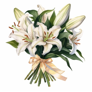 a casablanca lily bouquet wrapped in vintage wrapping paper, digital watercolor illustration, white background clipart