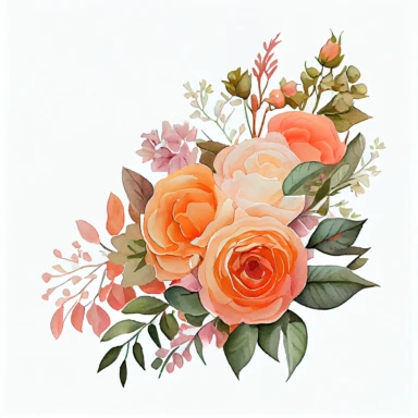 one bouquet arranged roses watercolor clipart, the colors are Apricot Orange and Bubblegum Pink arranged clipart, watercolor, 8k, white blank background
