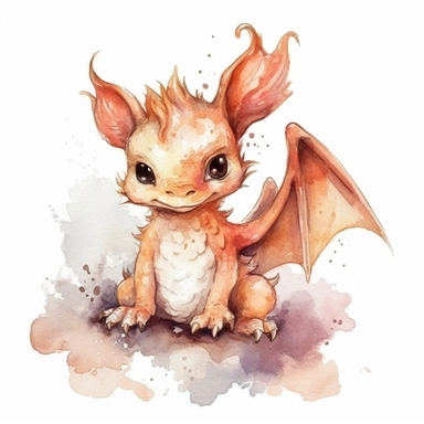 watercolor cute baby dragon clipart full body, flying and sitting, simplistic, charming sketches, warm color palette, hand painted, white background