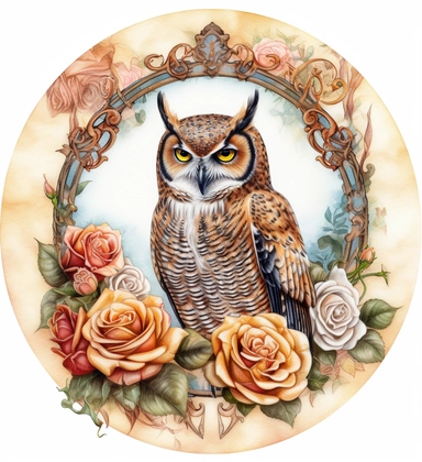 DESIGN A MAGNIFICENT AND EXQUISITE BREATHTAKING ONE-OF-A-KIND HIGH QUALITY HIGHLY DETAILED MASTERPIECE WATERCOLOR CLIPART ILLUSTRATION OF an owl is sitting in a circular frame surrounded by roses, in the style of light white and light amber, grid, nene thomas, gemstone, ruth sanderson, pictorial fabrics, pencilsteampunk, WHITE BACKGROUND