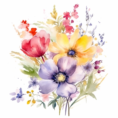 watercolor summer flower group for corner of invitation, clipart isolated on clear white background, soft colors, boho, lithograph, 32k uhd, textural