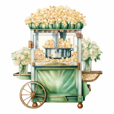 A realistic high detailed watercolor wedding popcorn machine, pastel colors, in the style of digital print, clipart, illustration, sticker, ultra high definition, rich details, 32K, HD