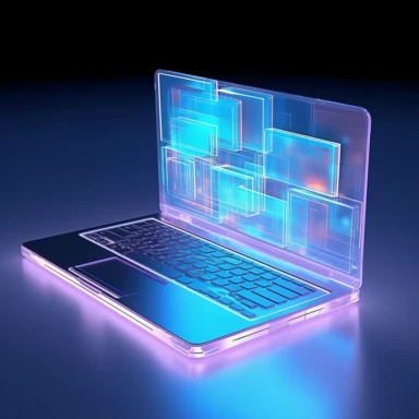 a sleek, futuristic laptop with a large screen. The screen has 3D translucent windows and boxes representing modern applications on it. clip-art style