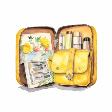 Travel Watercolor Clipart, a wallet ,19 yellow girly, single object, isolated on white background, highly detailed, hand painted watercolor illustration by Cath Kidston, Emma Bridgewater, white background for removing background - - no text shadow font watermar