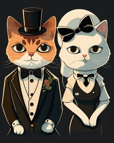 clipart of bride is a cat with a wedding dress on the groom is a cat with a tuxedo on a cat getting married