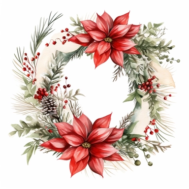 christmas pine and poinsettia wreath clipart, white background