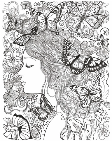 The coloring page features a girl surrounded by an array of psychedelic swirls and patterns, created using simple line art techniques. The girl is surrounded by a swarm of butterflies, adding an ethereal and dreamlike quality to the image. The design is f