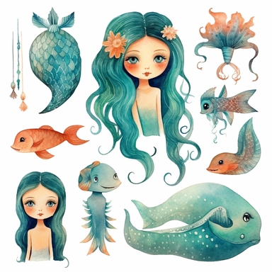 cute young mermaid princess in various poses, watercolor clipart, dollcore. kawaii , a mix of textures and patterns, representing the complexity of emotions - associated with emotional intelligence and self-awareness, promoting a sense of mindfulness and introspection. Beautifully colored gouache sleek minimalist painting of gothic, a beautiful imaginative and creative, surreal painting art by leonora carrington, vibrant modern colors, preraphaelite, beautiful com art by cory loftis