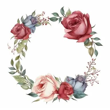 Rose flower frame, circle, vintage colors, illustrated clipart, simple, isolated white background, 8k