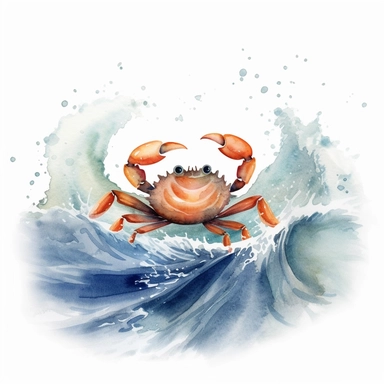 Watercolor hand-drawn crab illustration - jumping up from the foamy ocean wave, playful, happy mammal. Character, logo, children wallpaper, doodle, cartoon. Marine clip art. Ocean, sea inhabitant. White Background