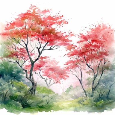 Watercolor, Japanese Maple Trees, old, long branches, Clipart, springtime japanese trees, forest, grass, white background